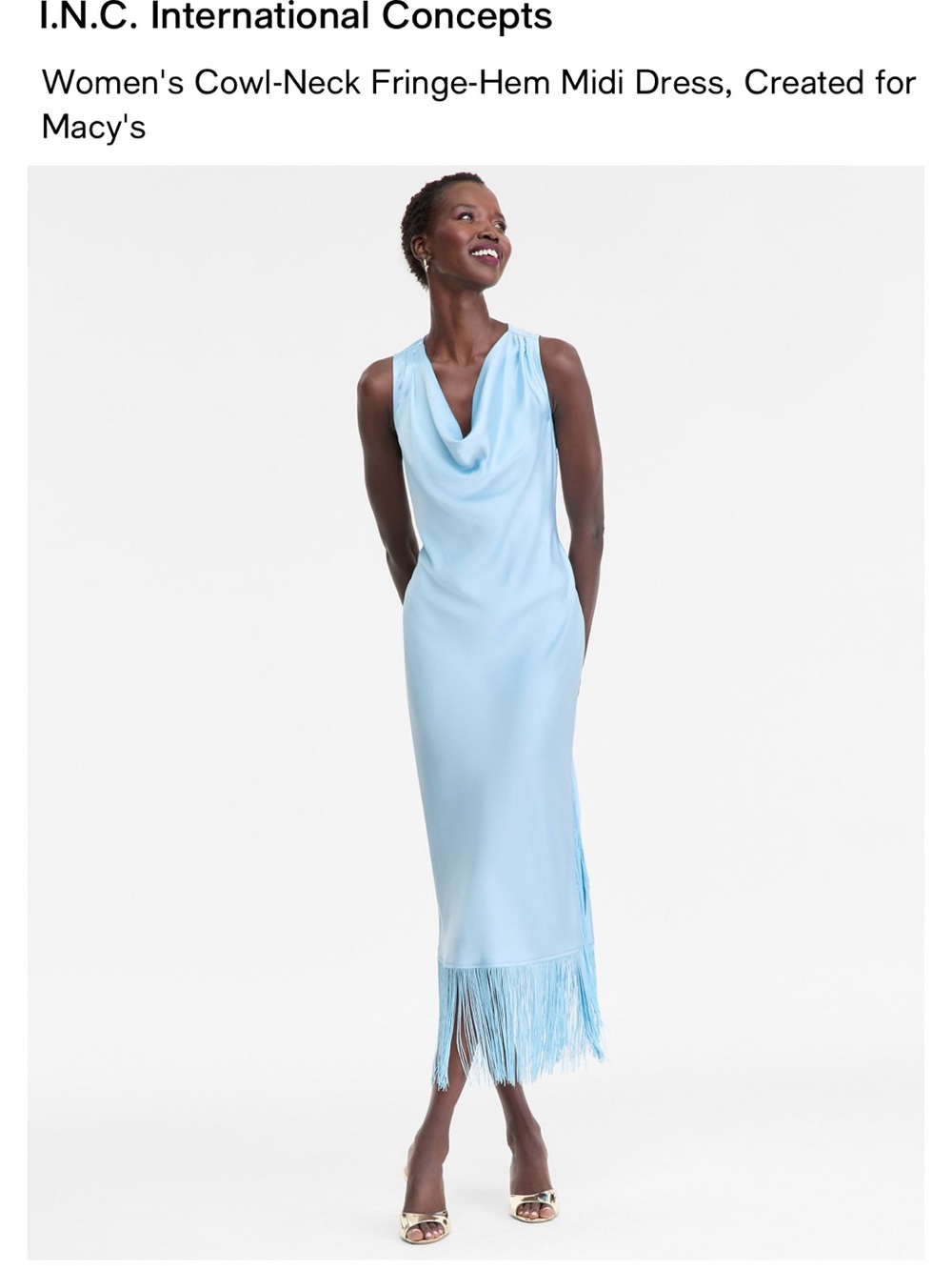 INC International Concepts Light Blue Cowl-Neck Fringe-Hem Midi Dress